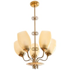 Paavo Tynell Five Arm Brass Chandelier Designed for Kuopio Hospital, Taito, 1949