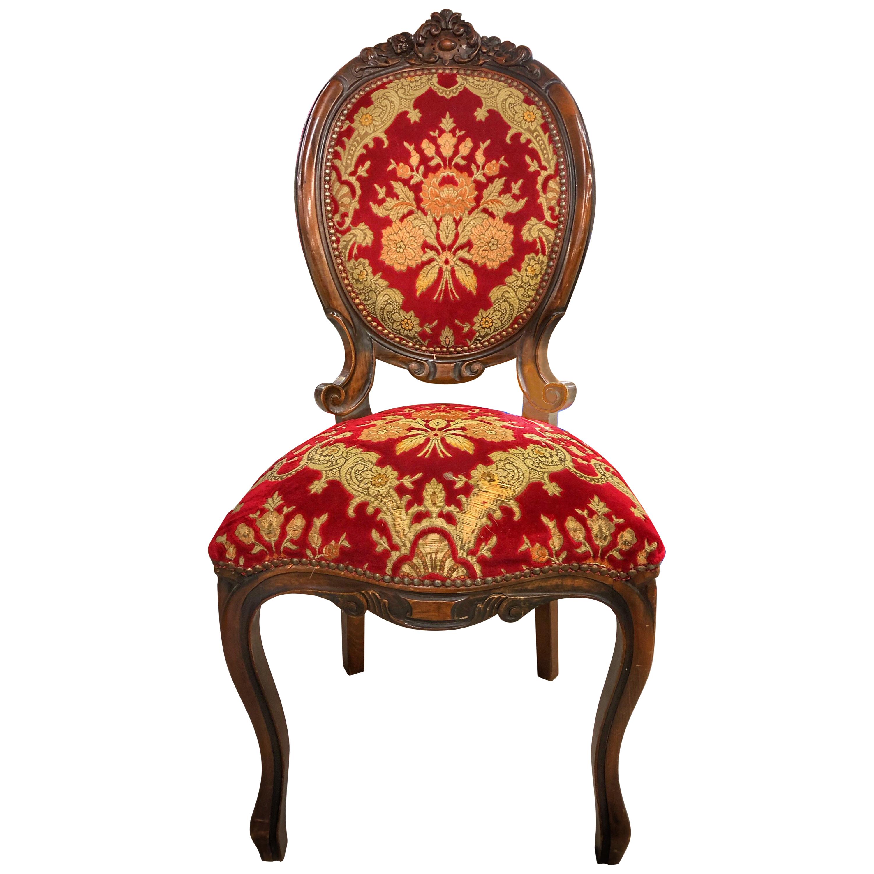 French Velvet Medallion Back Authentic Upholstery, Carved Wood Side Chair