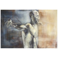 'The Worker', Large Original Vintage Oil Painting with Black Wooden Frame