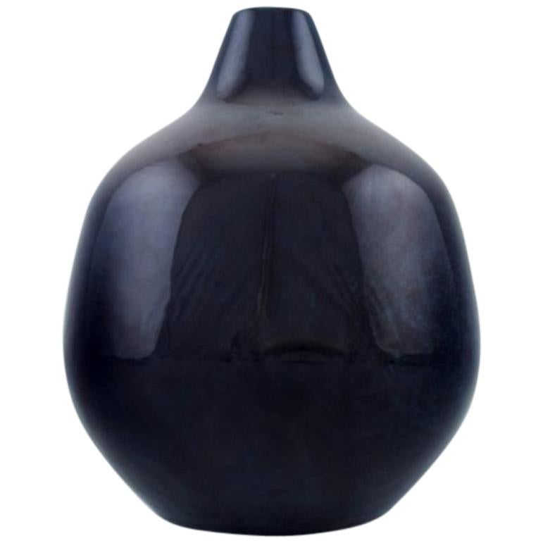 Knabstrup Ceramic Vase in Deep Blue Glaze. Modernist Shape, 1960s