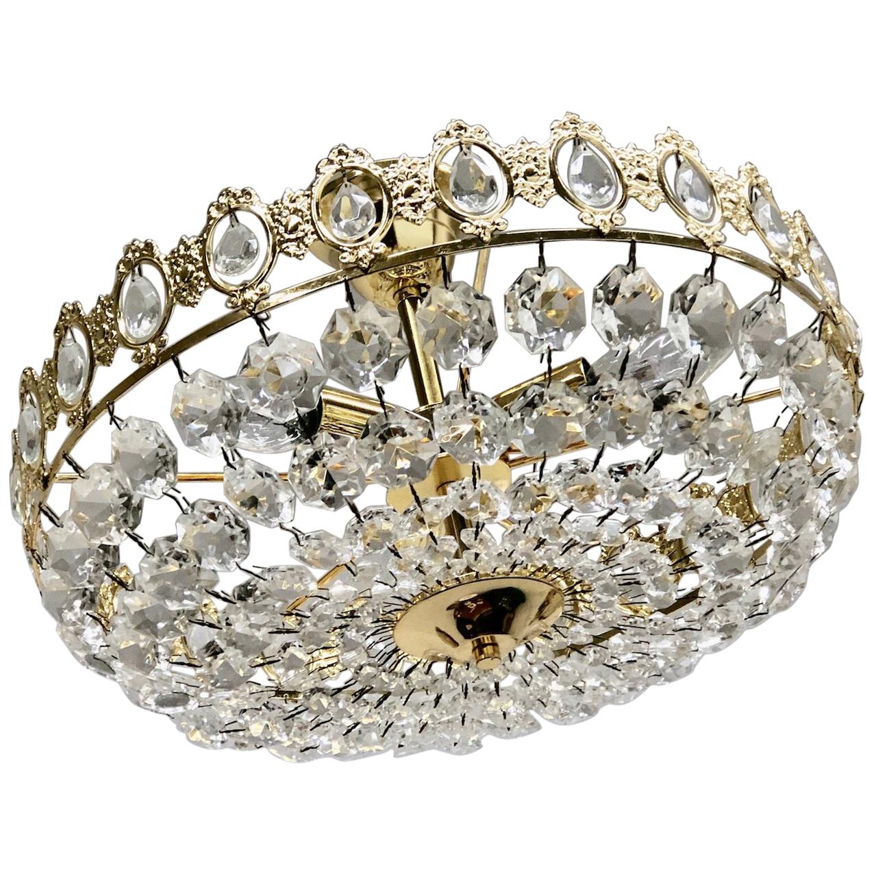 Brass and Crystal Glass Flush Mount Chandelier, Austria, 1970s For Sale