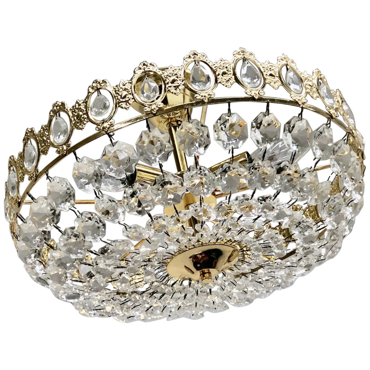 Lustre à encastrer en laiton et verre de cristal, Autriche, 1970