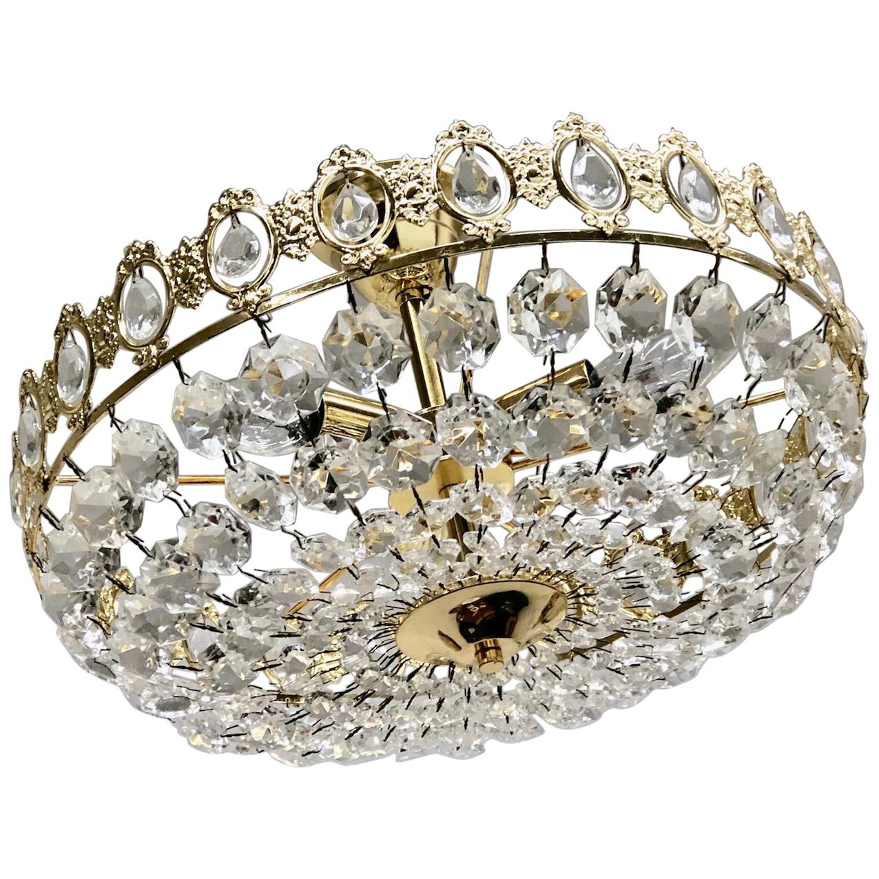 Brass and Crystal Glass Flush Mount Chandelier, Austria, 1970s