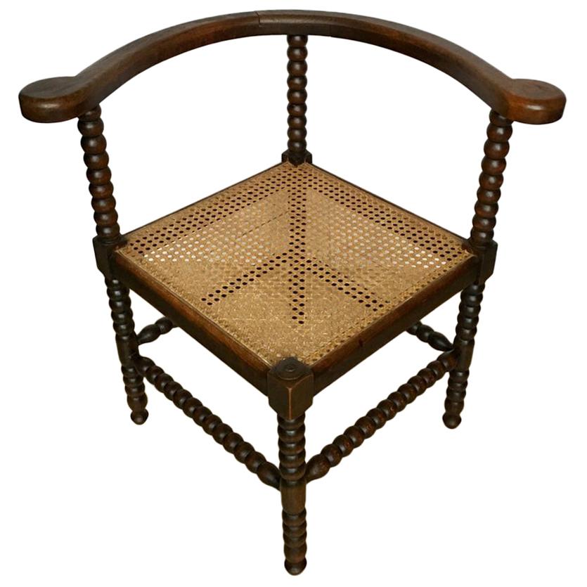Antique Dutch Oak Corner Chair with Cane Seat, 1900s