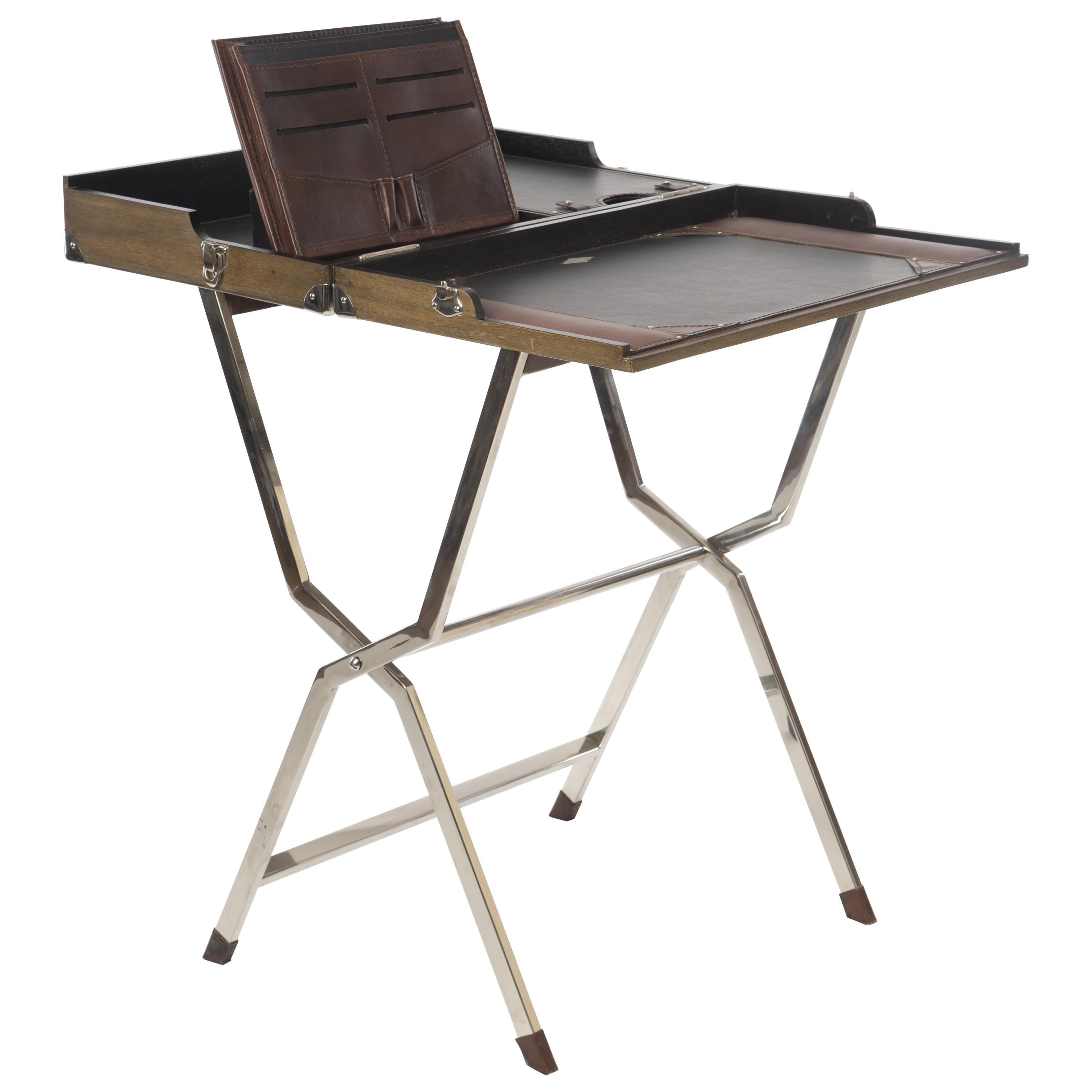 Travel Foldable Writing Desk Table Leather Nickel Mahogany For Sale
