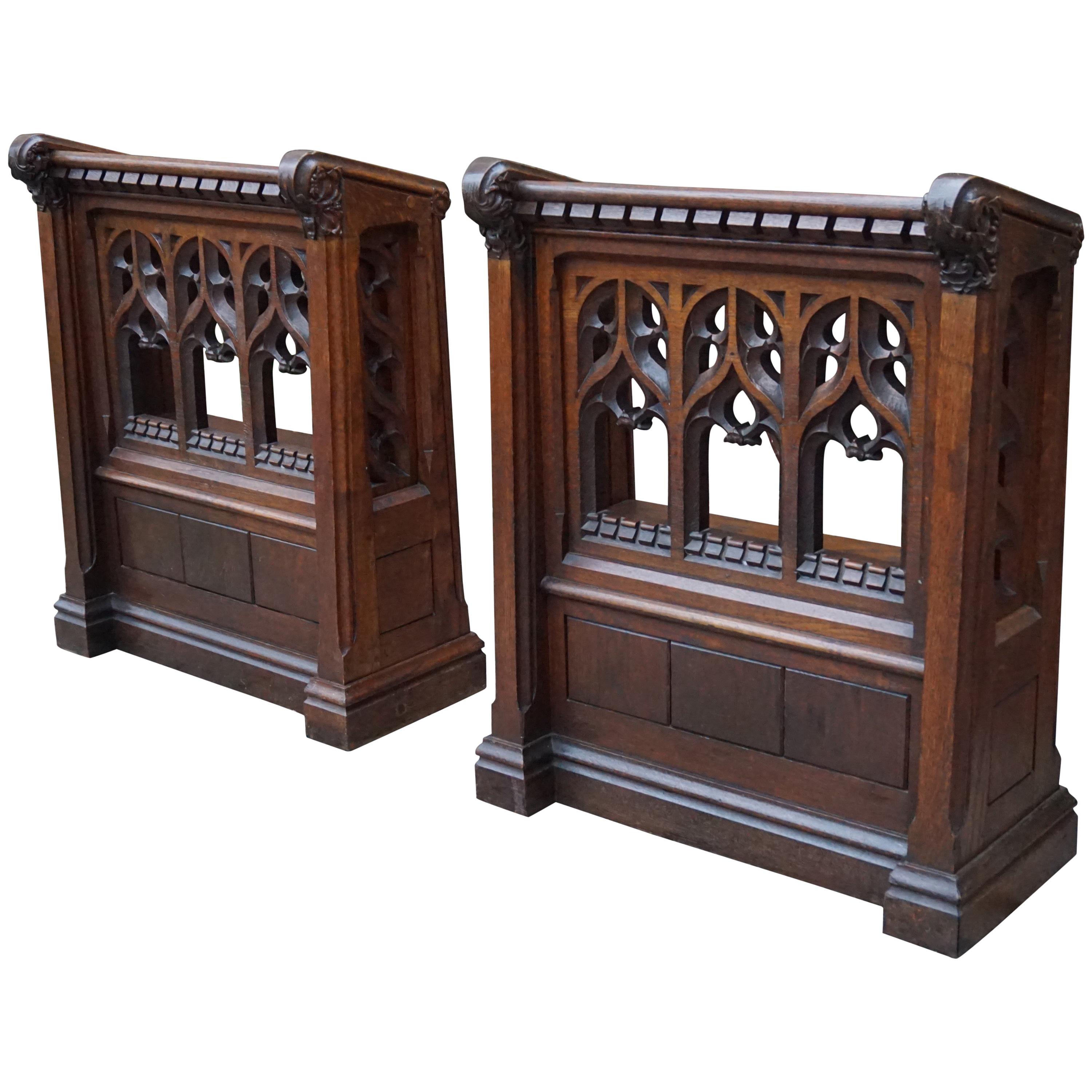 Pair of Hand Carved Gothic Revival Oak Church Lectern Desks with Bookshelf