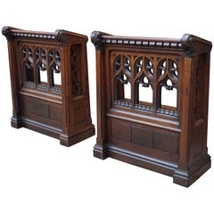 Used Pair of Hand Carved Gothic Revival Oak Church Lectern Desks with Bookshelf