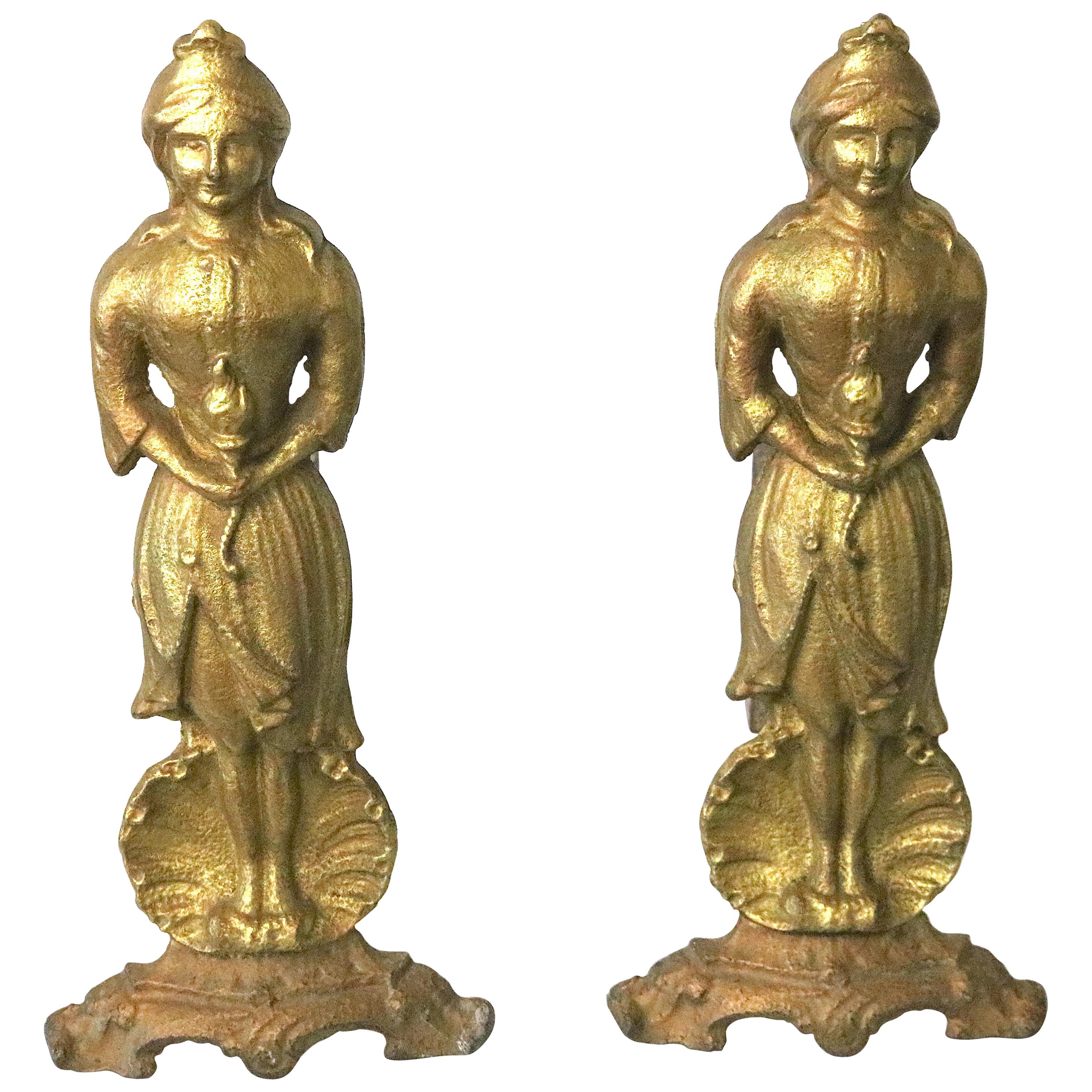 1800s Figural Pair of Gilt Iron Andirons 'American Lady Liberty' For Sale