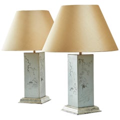 Pair of Chinese Square Porcelain Lamps with Grisaille Decoration, 19th Century