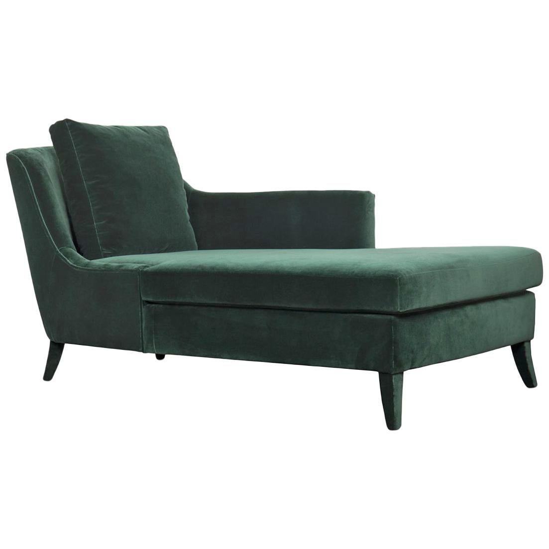 British Green Long Chair Covered with Velvet For Sale