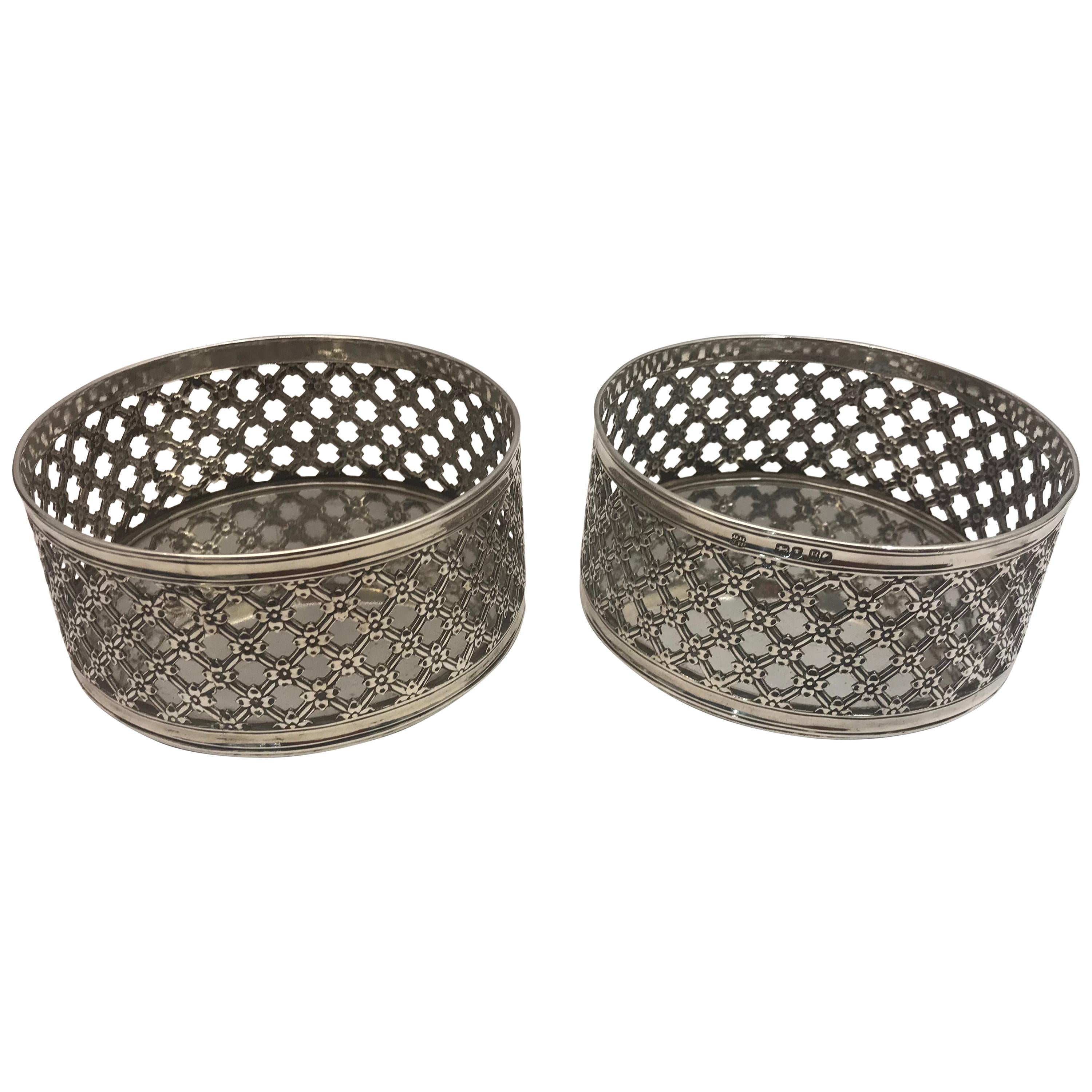 Pair of Sterling Silver Wine Coasters For Sale