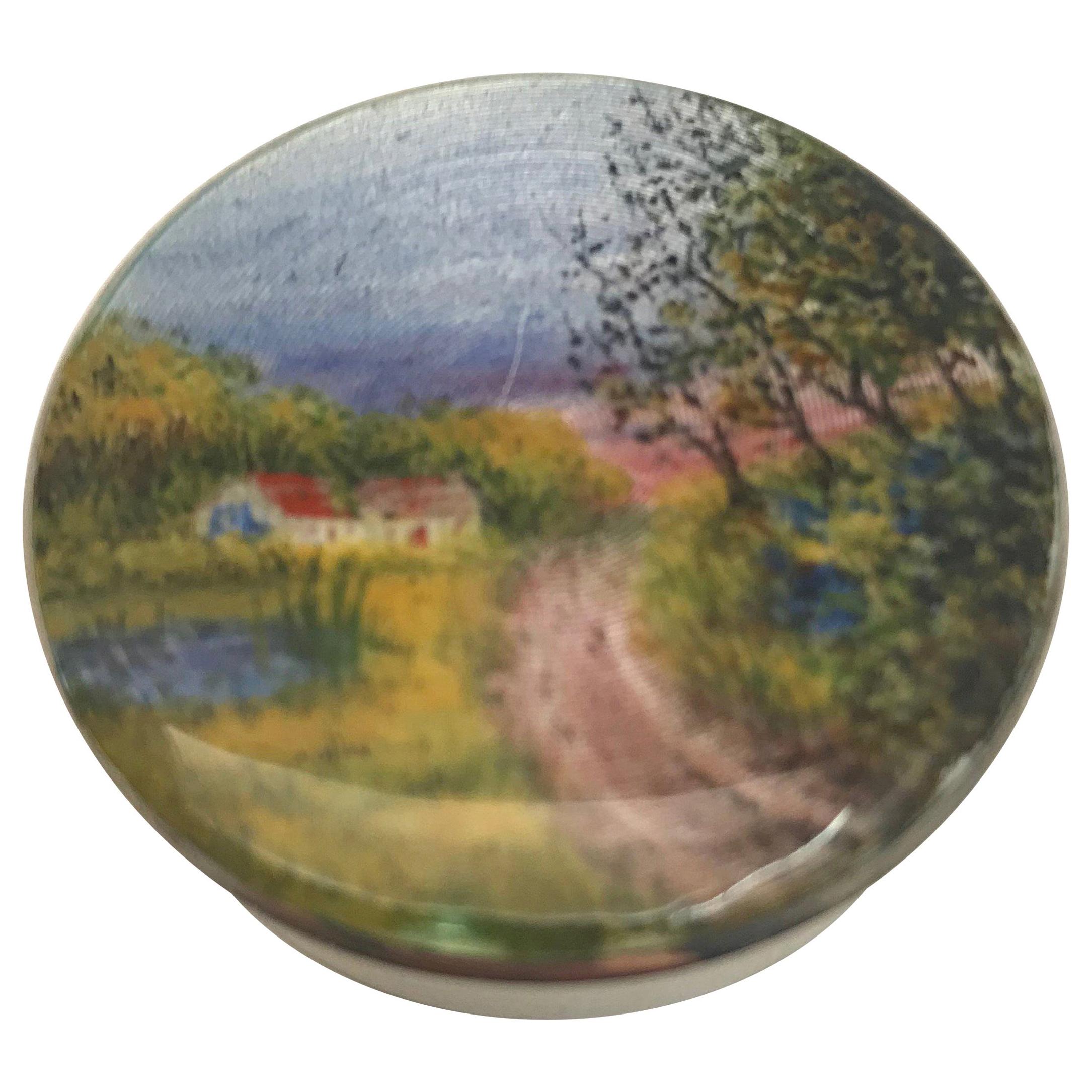 Silver and Enamel Box with Country Scene on Lid