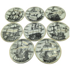 Retro Set of Piero Fornasetti Velieri Tallship Porcelain Coasters with Original Box