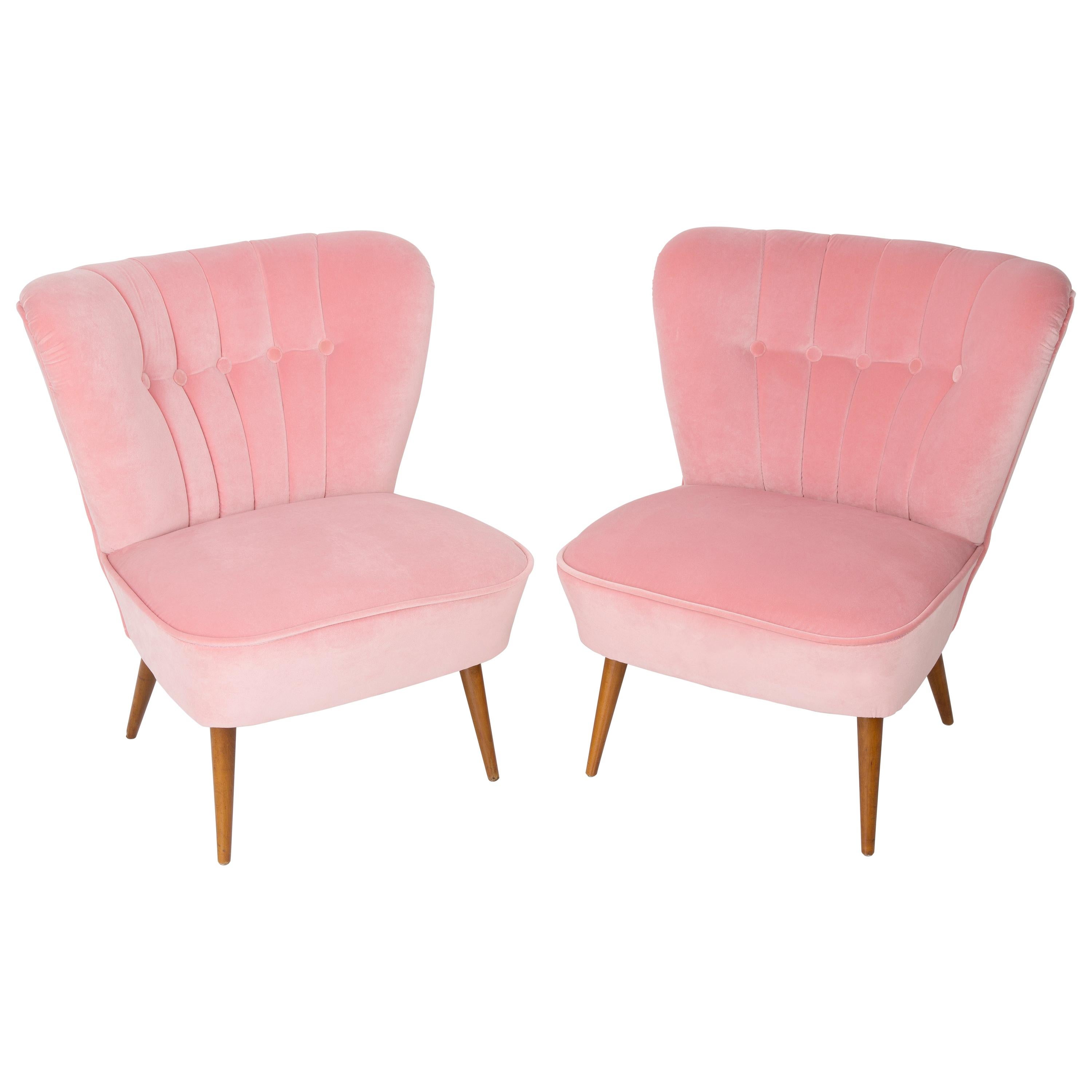 Pair of German Midcentury Baby Pink Velvet Club Armchairs, 1960s