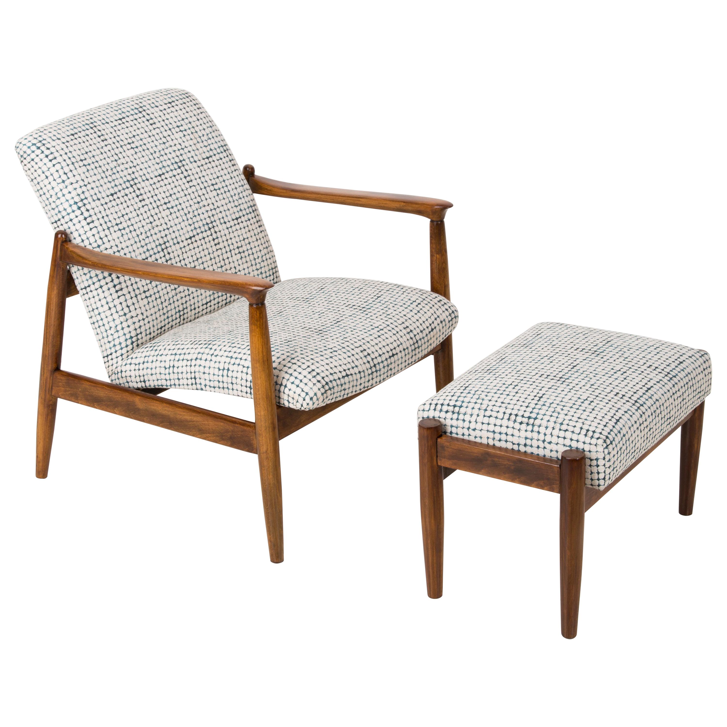 White and Aqua Vintage Armchair and Stool, Edmund Homa, 1960s