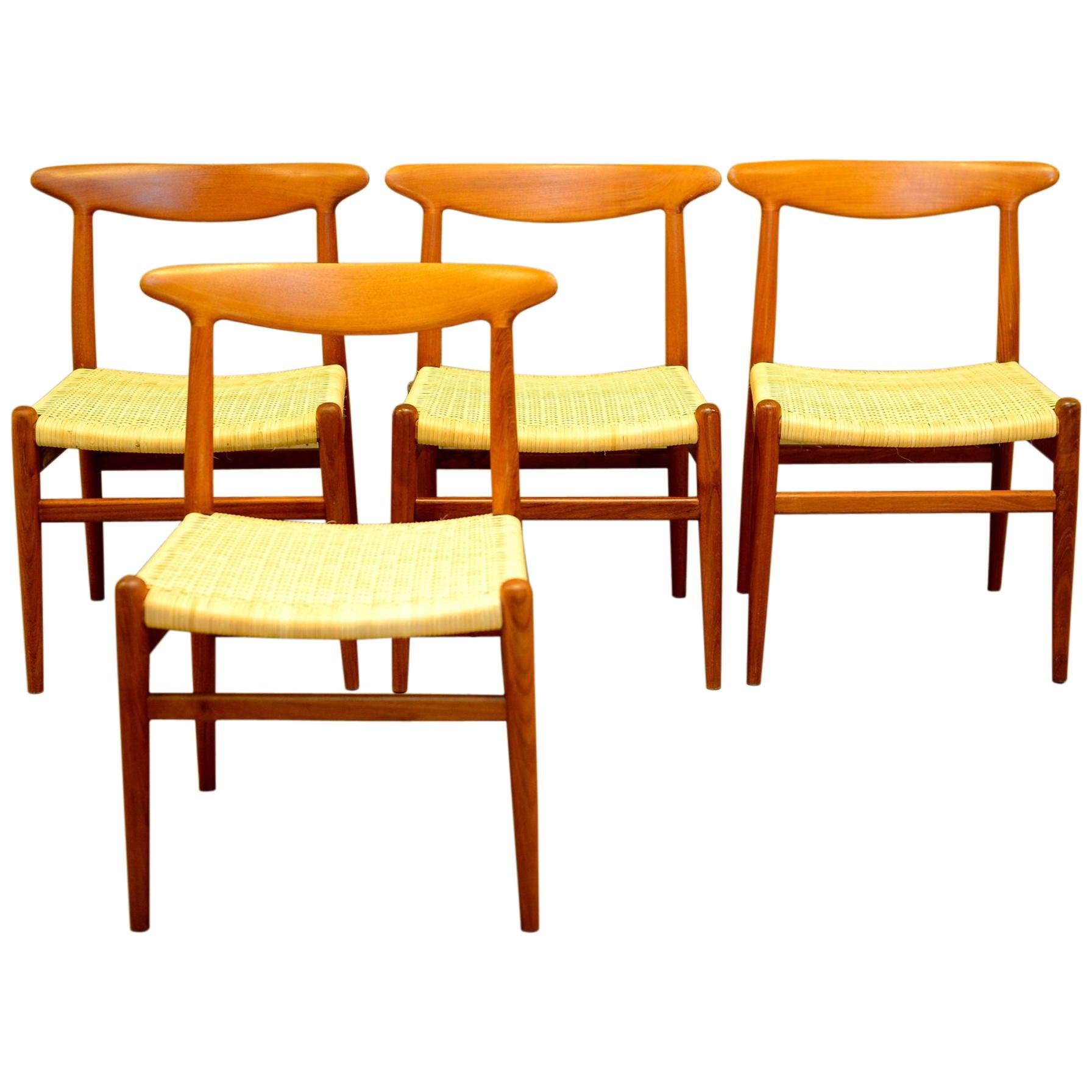 Set of 4 W2 Teak and Cane Chairs by Hans J. Wegner, 1950s, C.M. Madsens DK For Sale