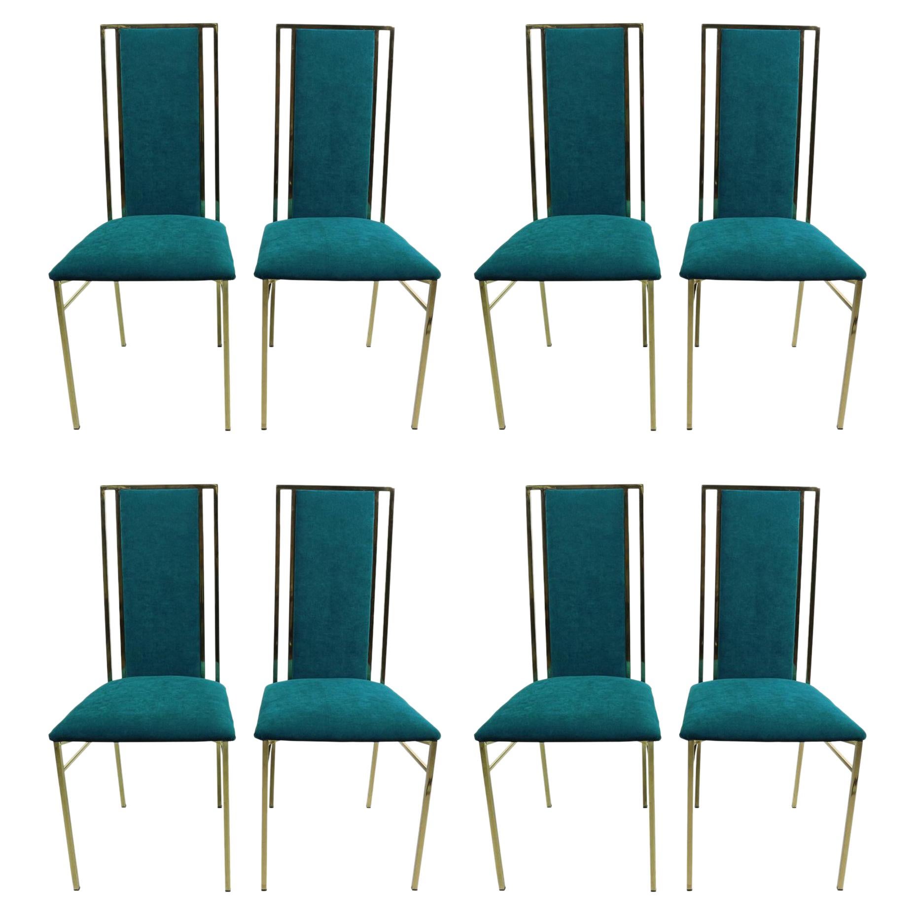 Set of 8 Brass and Velvet Dinning Chairs, Italy, 1970s