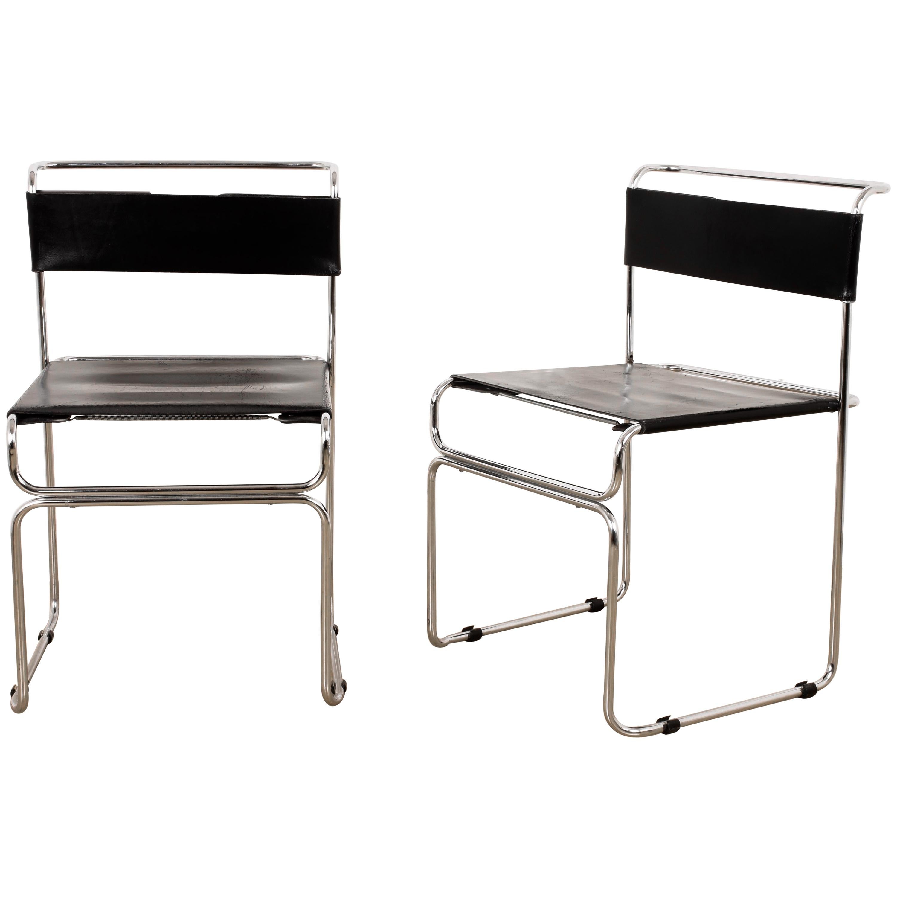 Two Chairs by Giovanni Carini for Planula in Steel and Leather, Italy, 1970s For Sale