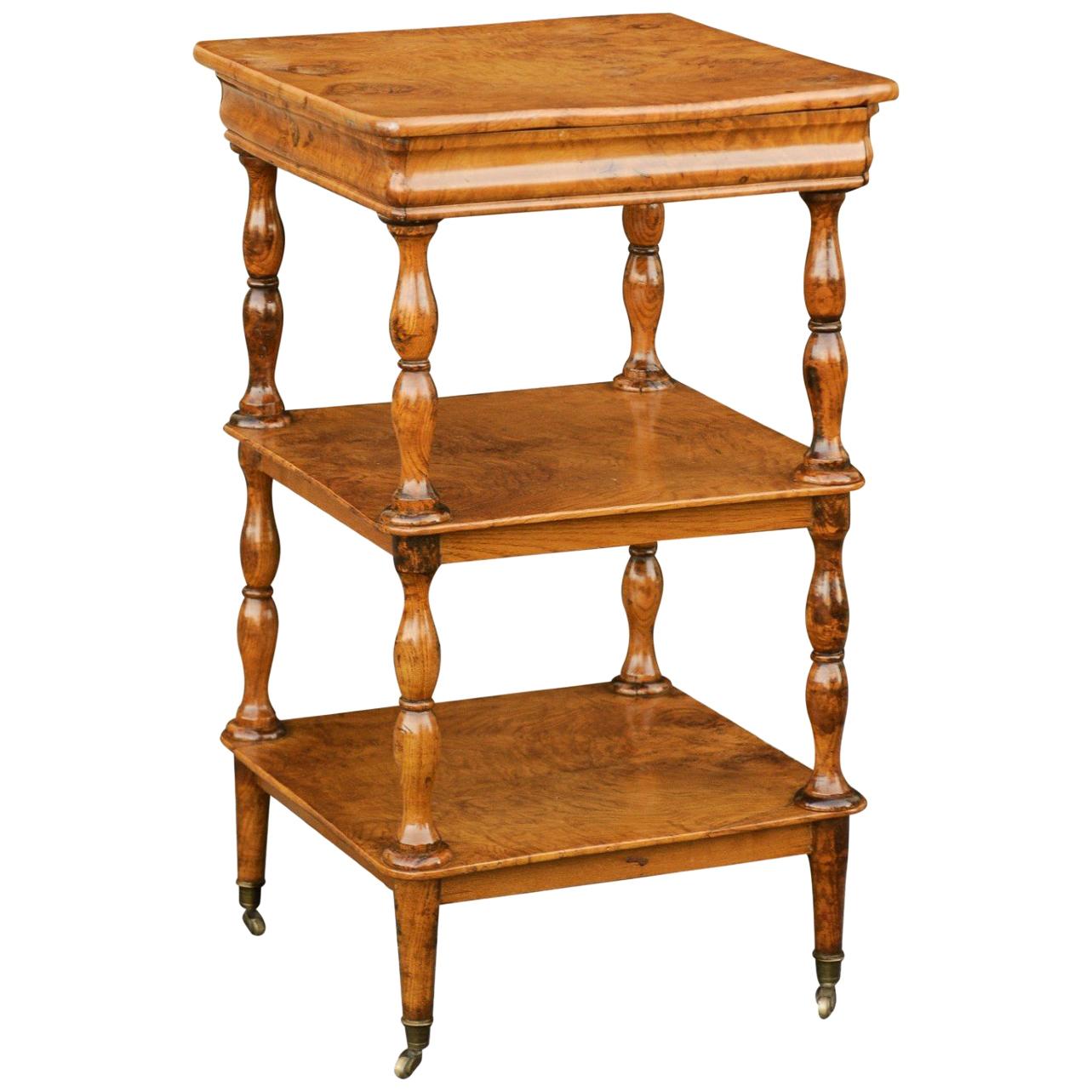 French Burled Walnut Three-Tiered Trolley with Butterfly Veneer, circa 1870 For Sale
