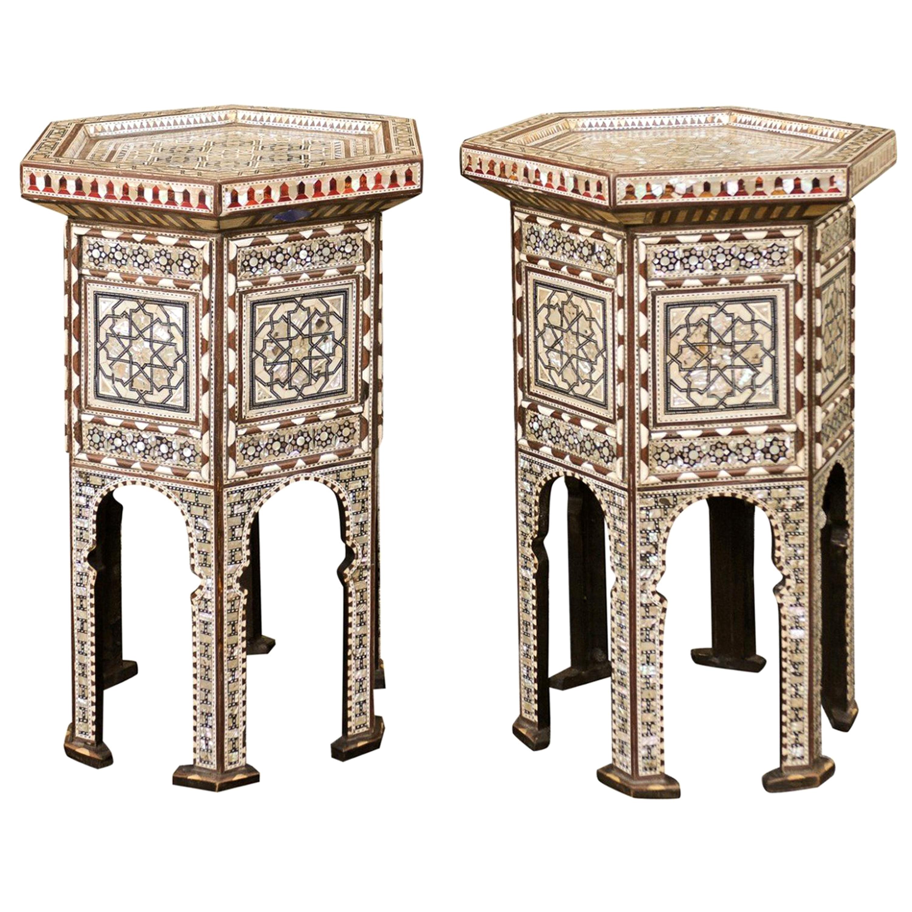 Moorish Style Syrian Hexagonal Side Tables with Mother of Pearl and Bone Inlay