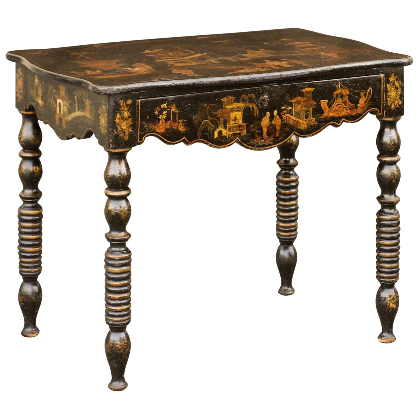 English 1850s Chinoiserie Table with Ebonized Wood and Hand Painted Décor