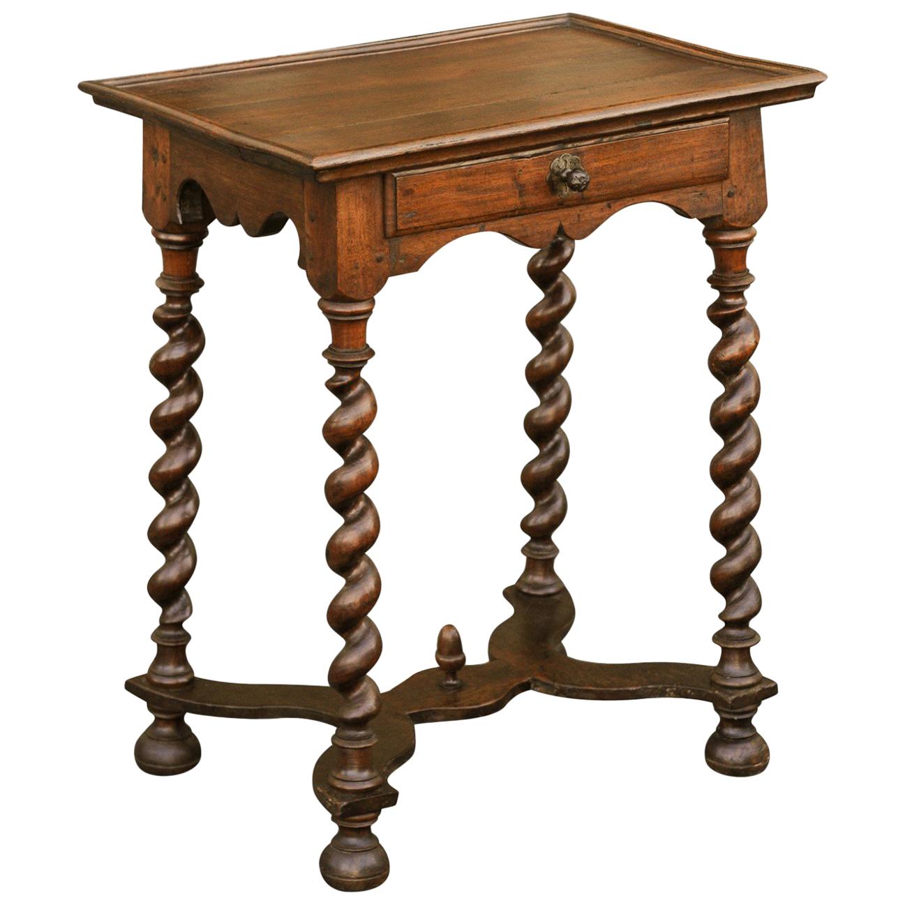 French Louis XIII Style 1870s Walnut Table with Barley Twist Base and Drawer