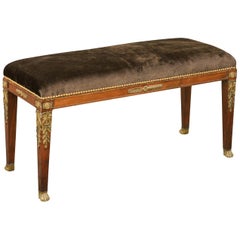 French 1870s Empire Style Walnut Bench with Bronze Mounts and Velvet Upholstery