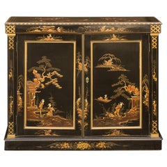 English 1880s Japanned Black Two-Door Buffet with Hand Painted Chinoiserie Decor