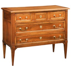 French 1870s Neoclassical Style Walnut Five-Drawer Commode with Brass Trim