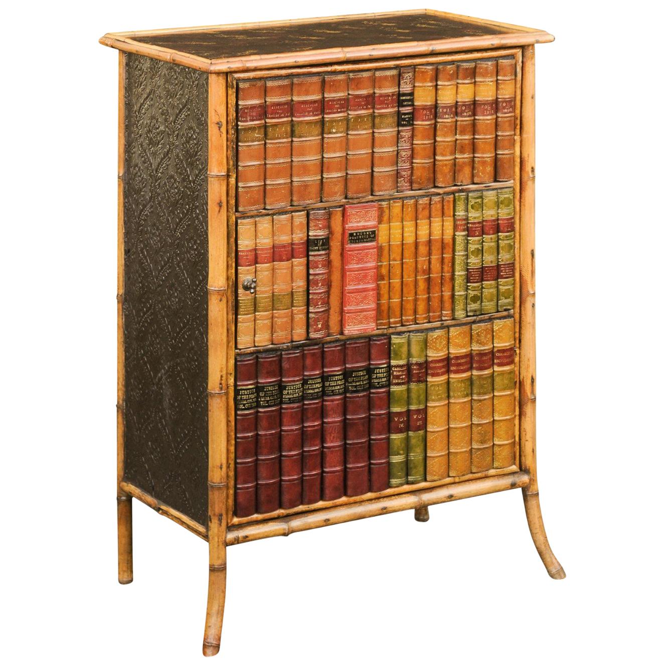 English Late 19th Century Bamboo Single-Door Cabinet with Faux Book Façade