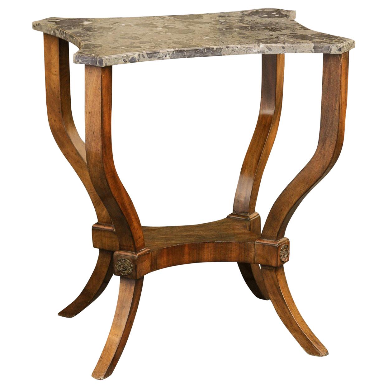 French 1870s Walnut Side Table with Variegated Marble Top and Petite Shelf