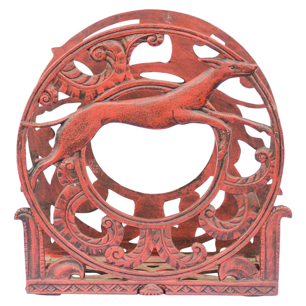 English 1930s Red Painted Metal Magazine Rack with Medallions and Greyhounds For Sale