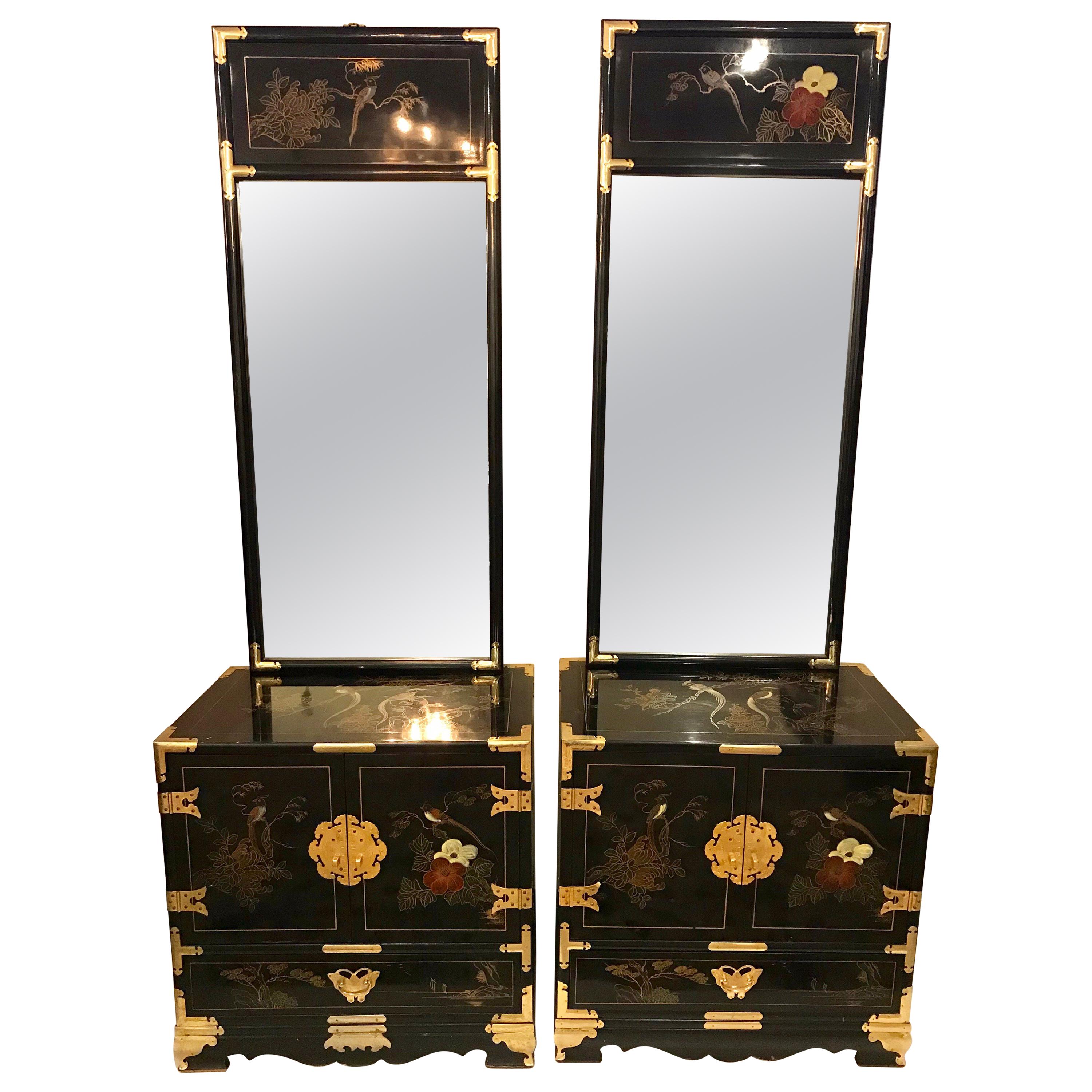 Pair of Chinese Chinoiserie Midcentury Black Lacquer Nightstands with Mirrors