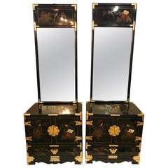 Vintage Pair of Chinese Chinoiserie Midcentury Black Lacquer Nightstands with Mirrors