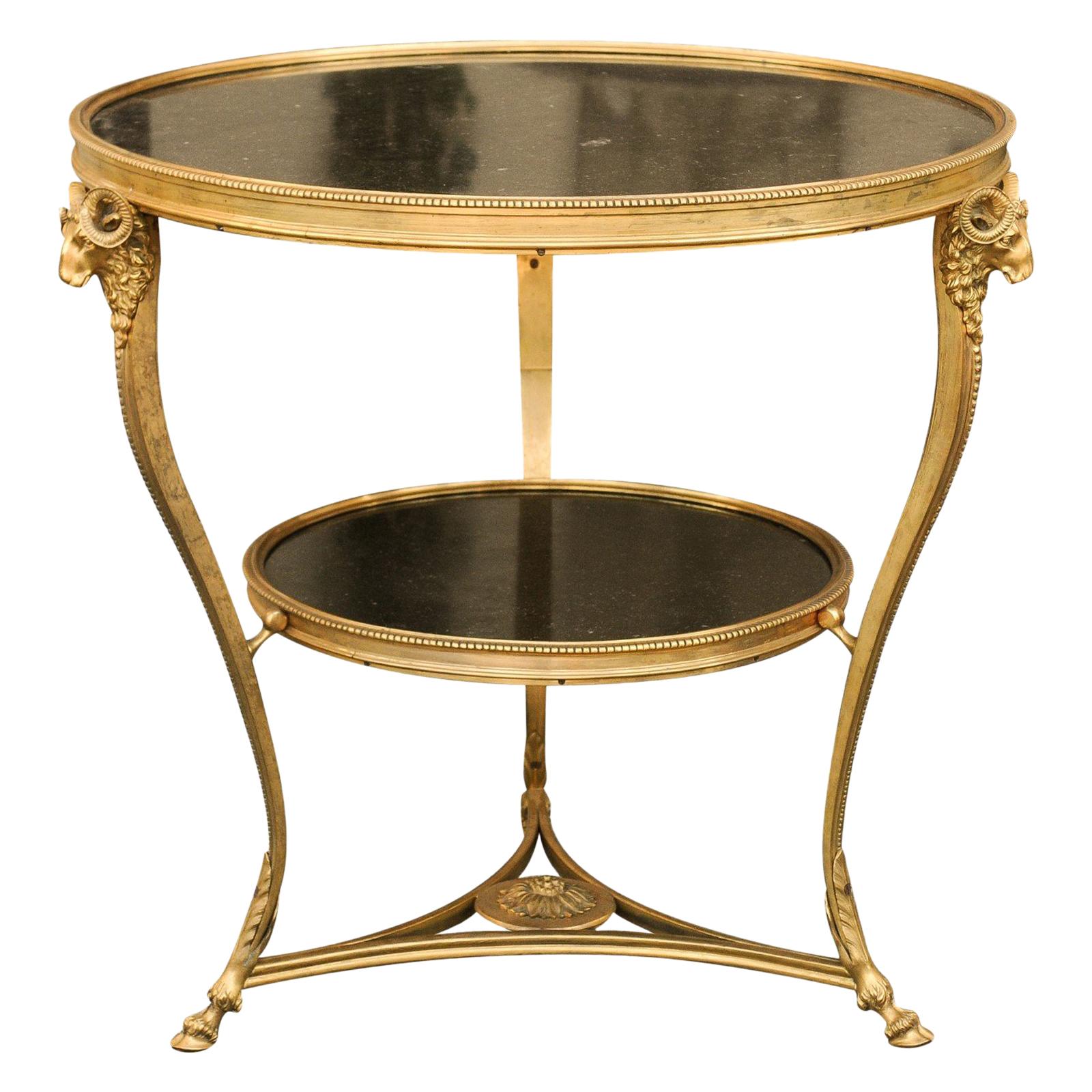 French Directoire Style 1920s Gilt Bronze Guéridon with Marble Top and Ram Heads