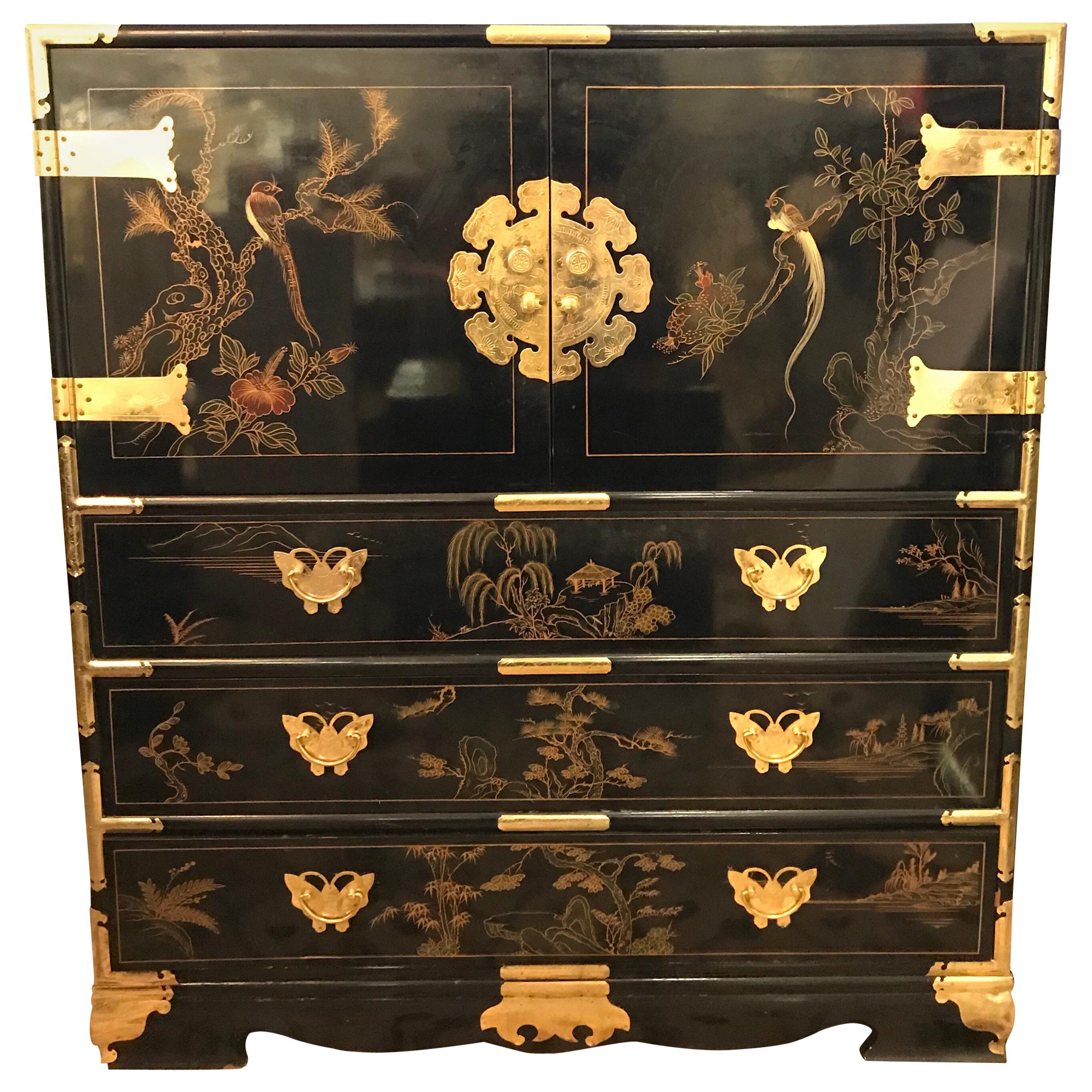 Tall Chinese Black Lacquer Chinoiserie Chest Armoire