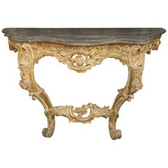 French Rococo Period 1740s Painted Console Table with Hand Carved Floral Motifs