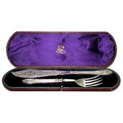 Pair of Antique Victorian Silver Fish Servers in Fitted Leather Box, 1880