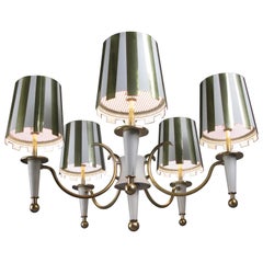 Brass and White Lacquer Five-Light Chandelier
