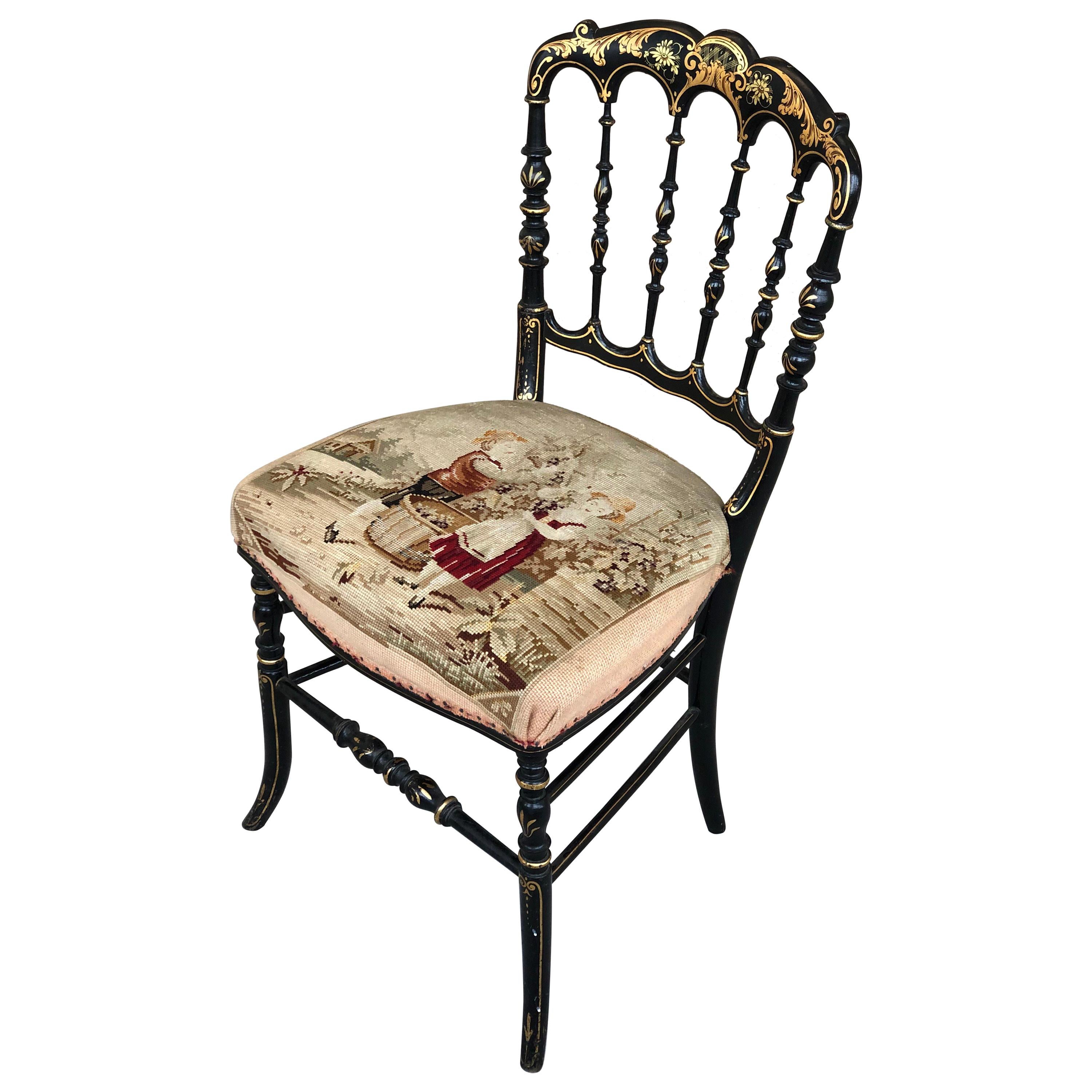 Napoleon III Style Petite Black Lacquer Tapestry Chair, France ON SALE 