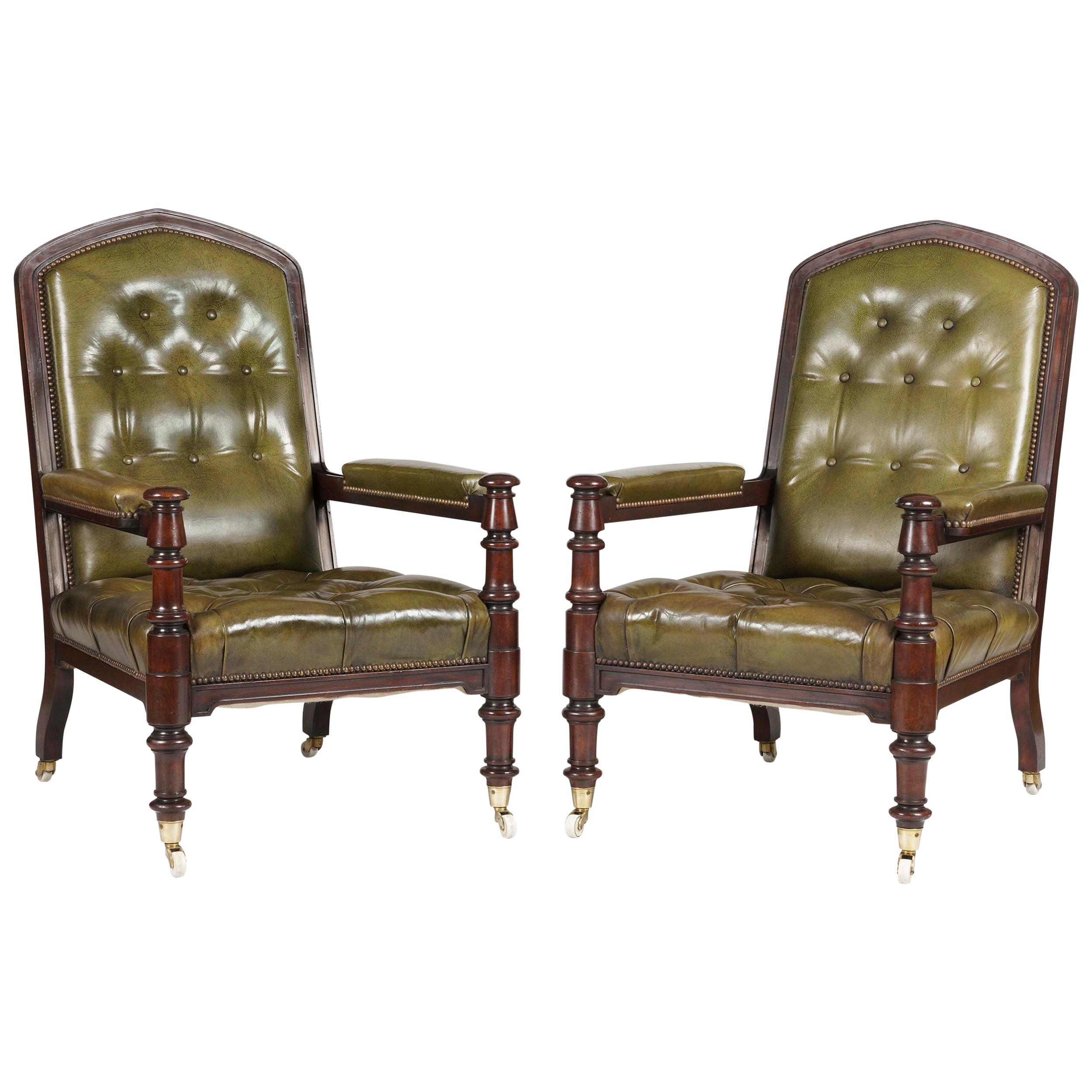 Pair of Georgian Mahogany and Green Leather Armchairs