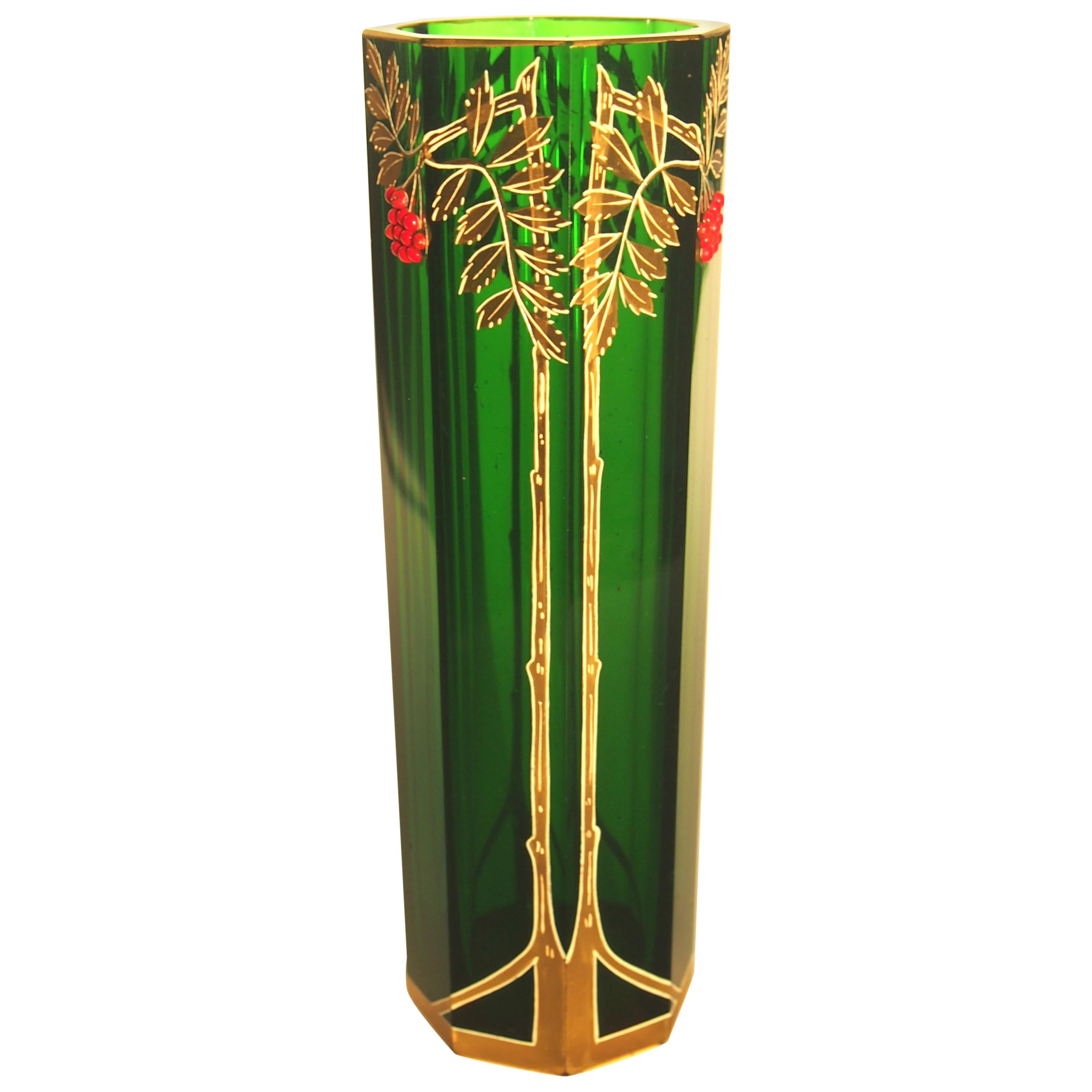 Art Nouveau Bohemian Green Riedel Glass Vase with Applied Red Beads