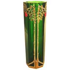 Antique Art Nouveau Bohemian Green Riedel Glass Vase with Applied Red Beads