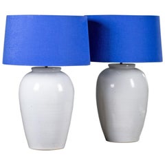 Pair of Large White Handmade Ceramic Modern Lamps with Delft Blue Shades