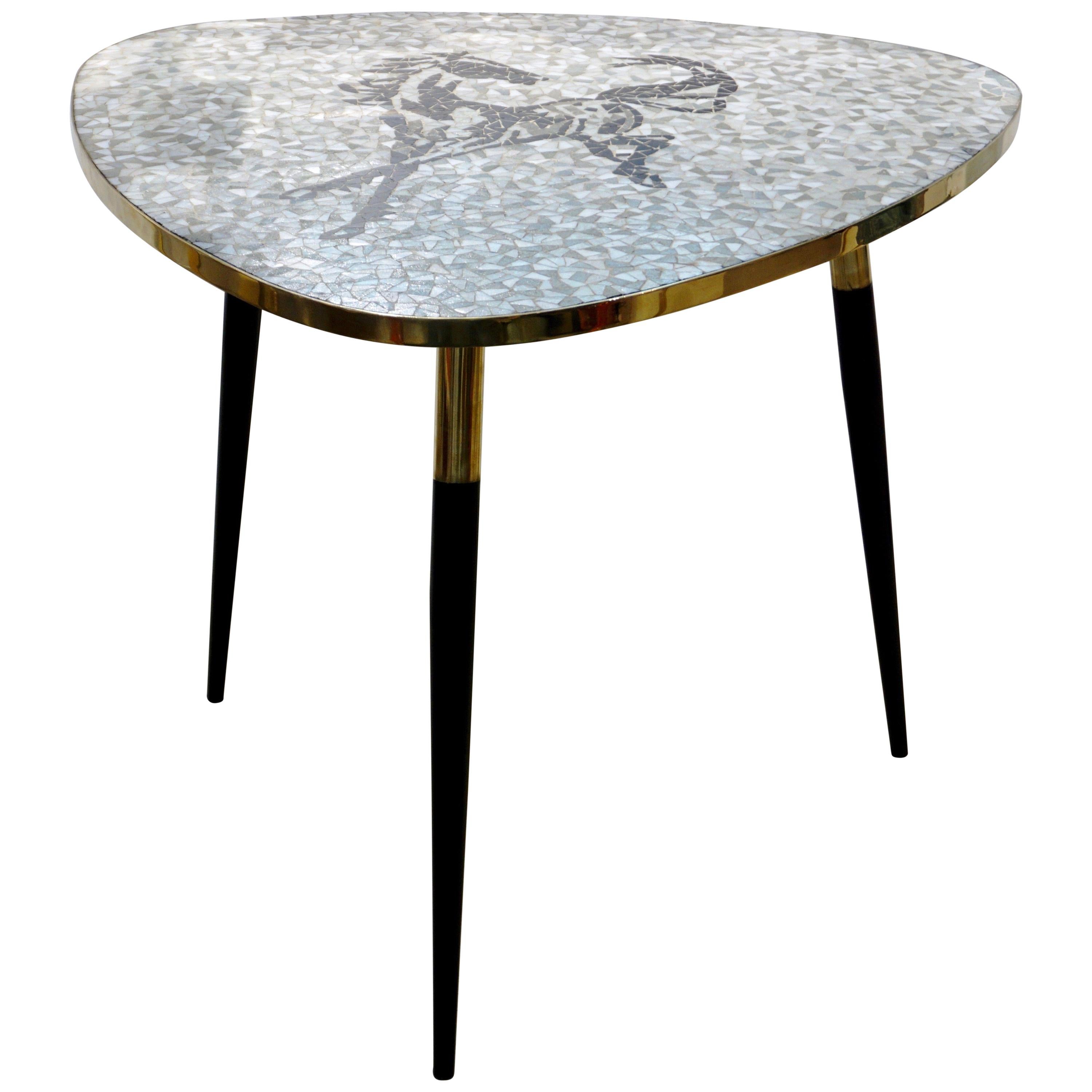 1953 Italian Vintage Black White Gray Horse Mosaic Brass Dining / Coffee Table For Sale