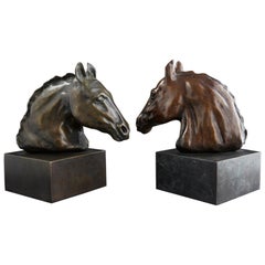 Vintage Pair of Bronze Horse Head Sculptures Mounted on Bronze Bases, Signed and Dated
