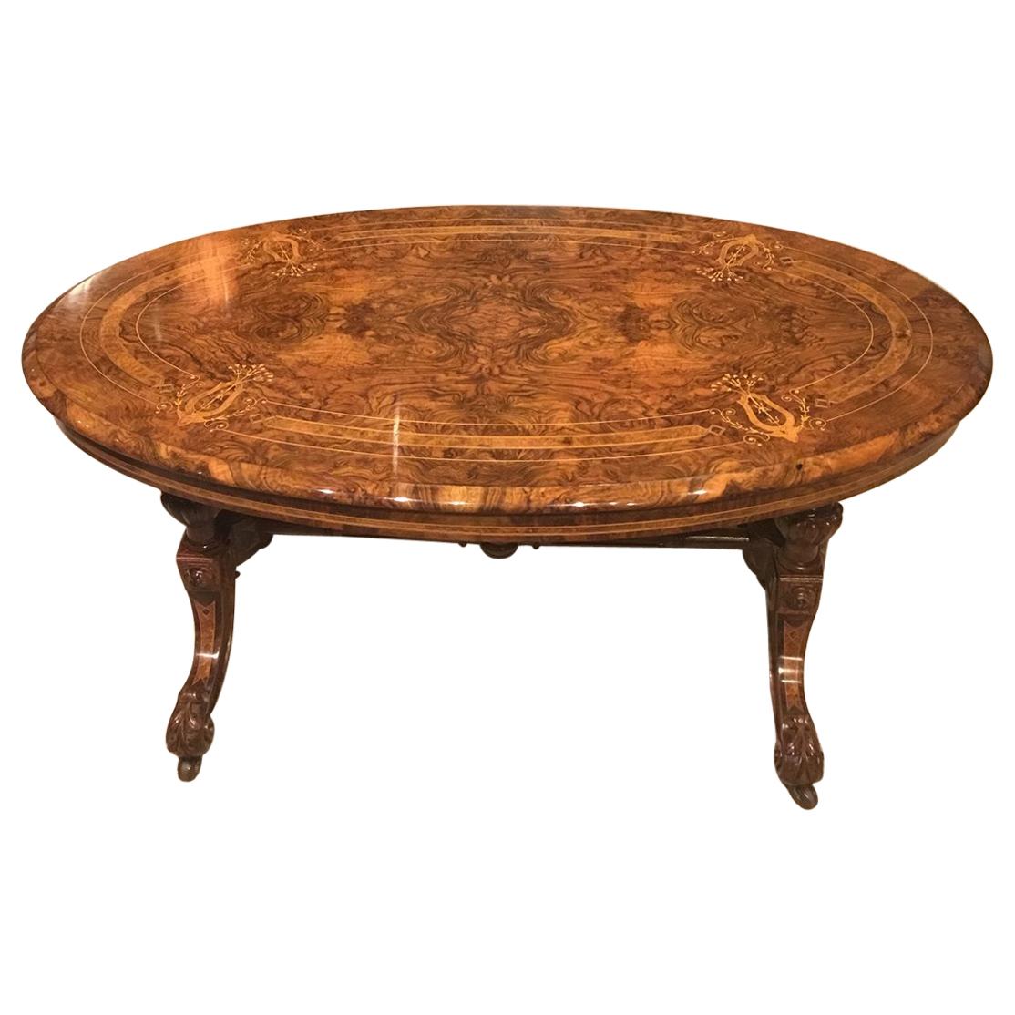 Burr Walnut Marquetry Inlaid Victorian Period Antique Coffee Table