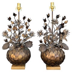 Pair of Mid-20th Century Italian Tole Lamps with Flowers, circa 1960s