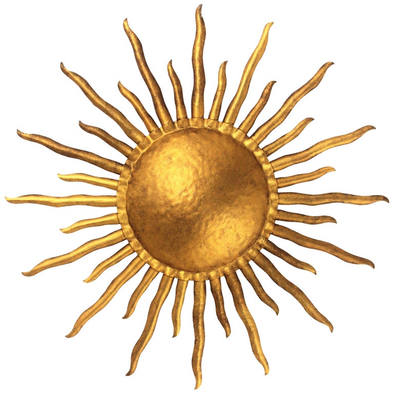 Large Hand Hammered Gilt Iron Sunburst Flush Mount Light