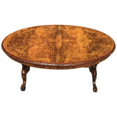 Antique Oval Burr Walnut and Marquetry Inlaid Victorian Period Coffee Table